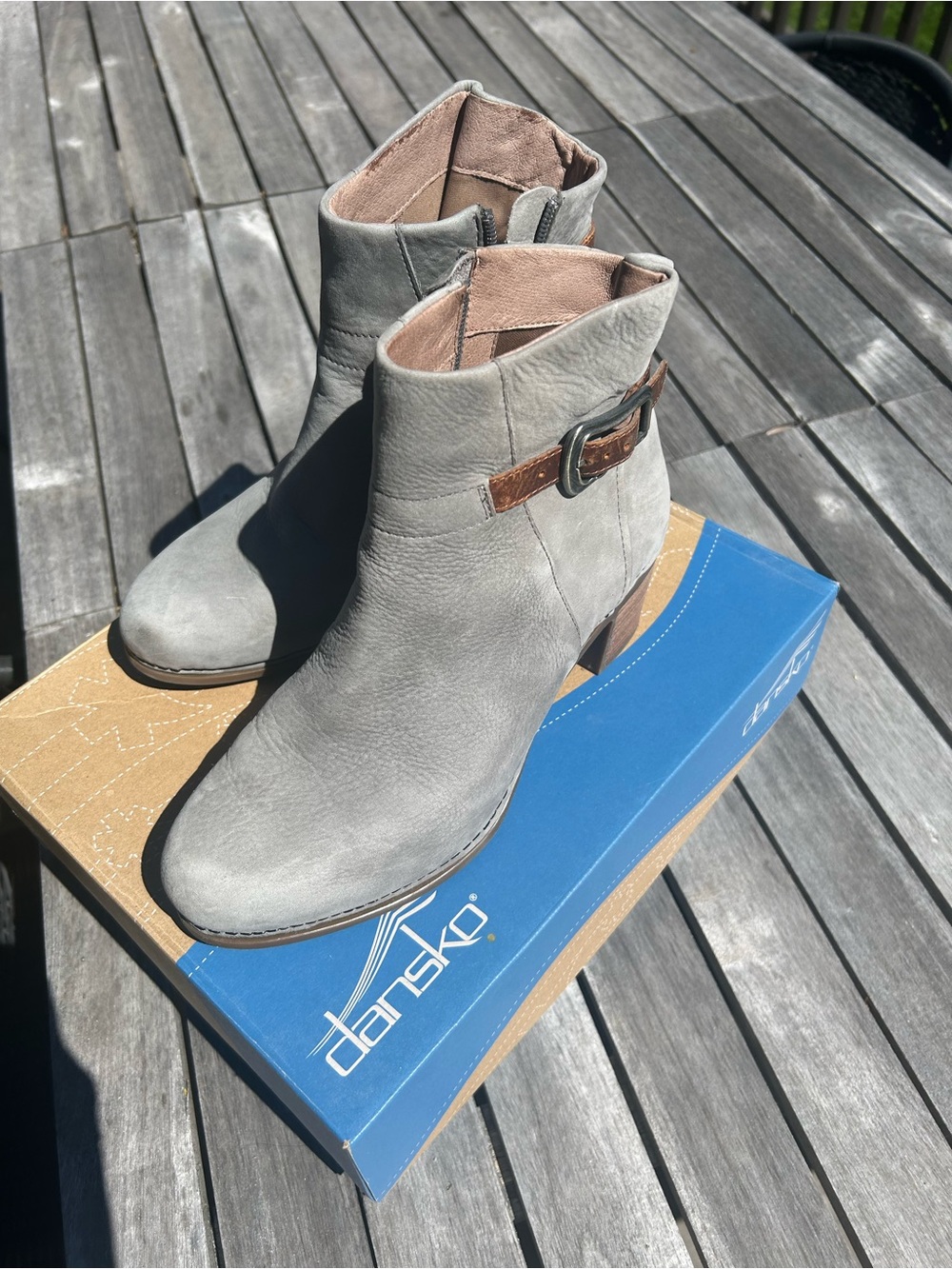 Dansko Gray Leather Ankle Boots with Brown Buckle